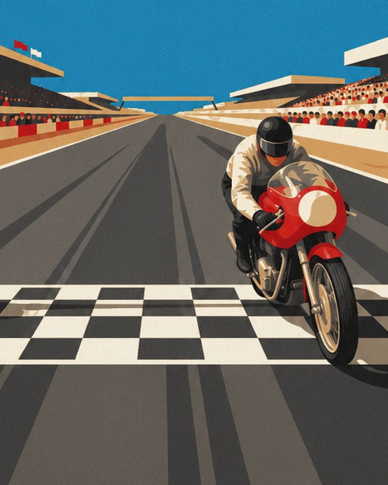 Poster Motorrad überquert die Ziellinie unter der Zielflagge: Detail in Nahaufnahme