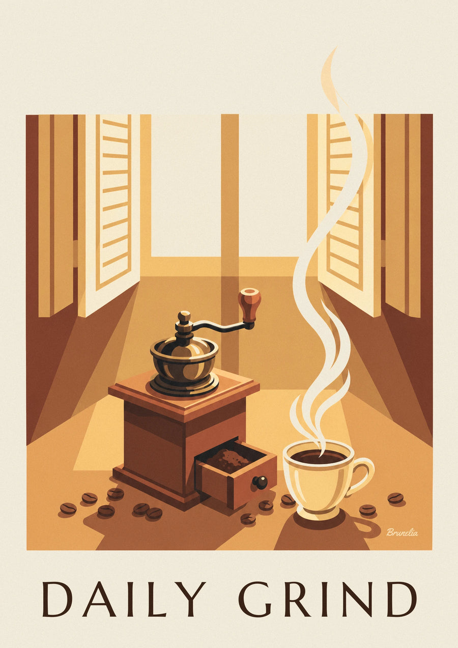 Poster Holz-Kaffeemühle und Kaffeebohnen