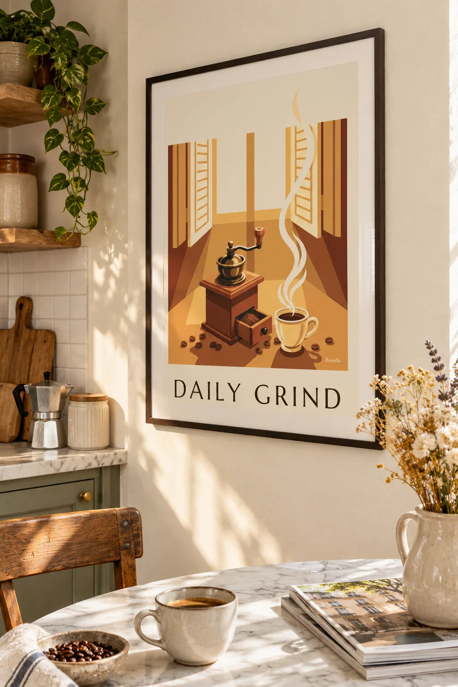 Affiche moulin à café en bois et grains de café : encadrée au mur