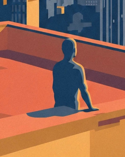 A dark blue figure leaning on the orange parapet of a Manhattan rooftop