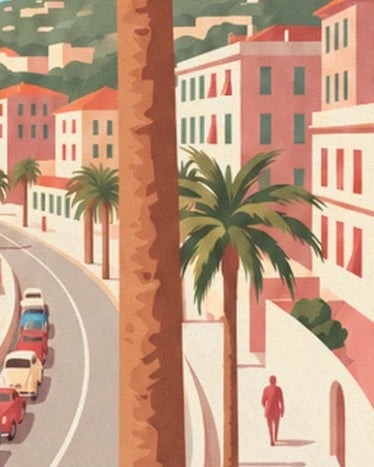 The pink and cream façades, palm trees and a pedestrian on the pavement in Nice