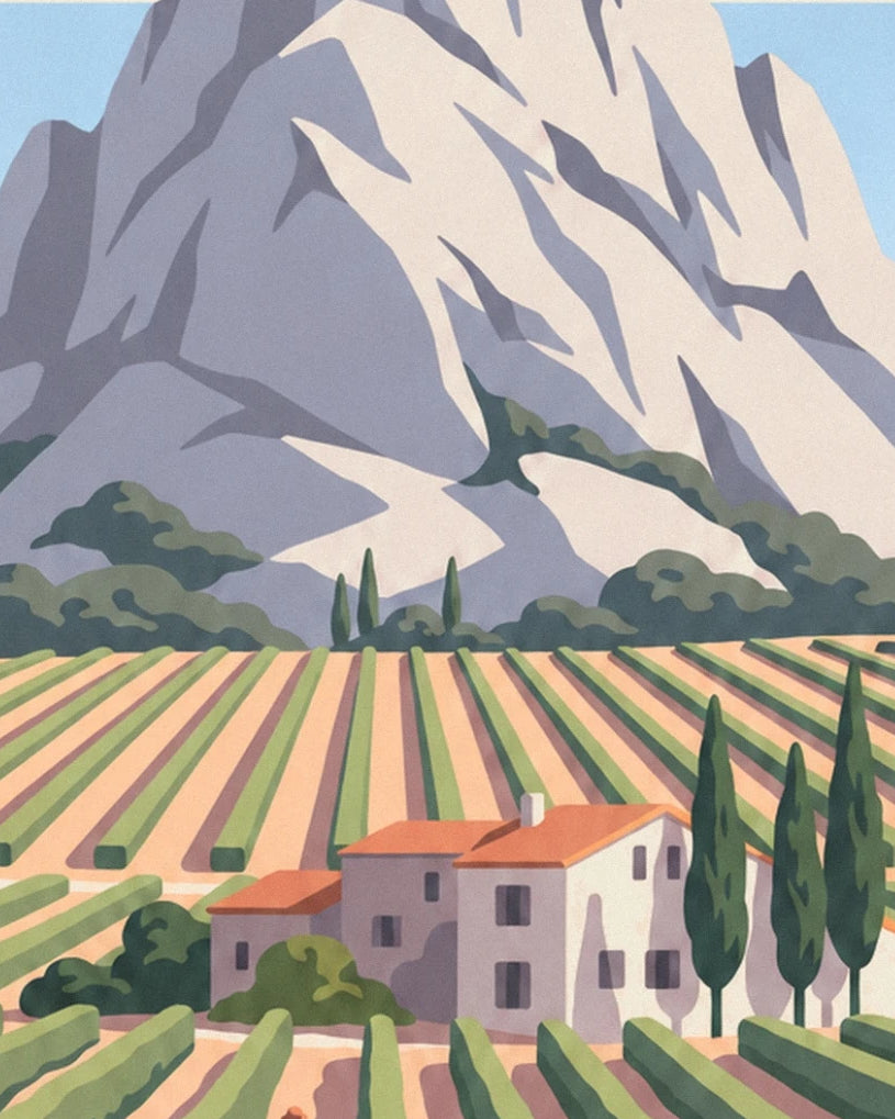 The farmhouse with grey shutters and an orange roof, its 4 cypresses and the mountain above the vineyards