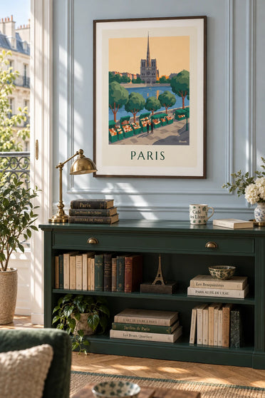 Poster of the bouquinistes along the Seine in Paris: framed on the wall