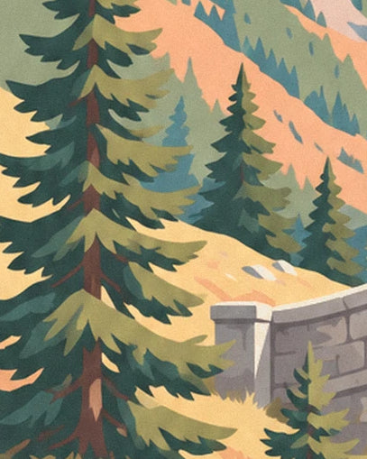The tall green fir trees on the golden slope, near a low grey stone wall