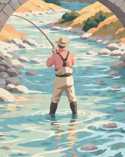 The angler seen from behind, in a salmon shirt and dark boots, in the turquoise mountain stream