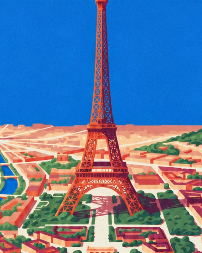 The red-orange tour Eiffel rises against a blue sky, with its green gardens and cast shadow