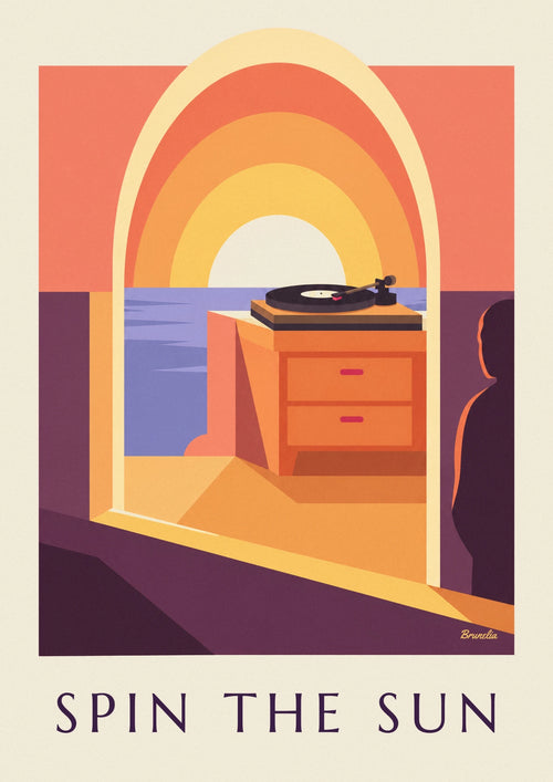 Poster Plattenspieler vor einer großen untergehenden Sonne: das ganze Poster
