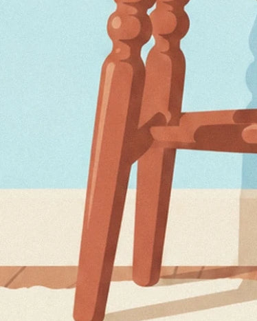 Les pieds inclinés de la chaise en bois brun et leurs ombres au sol