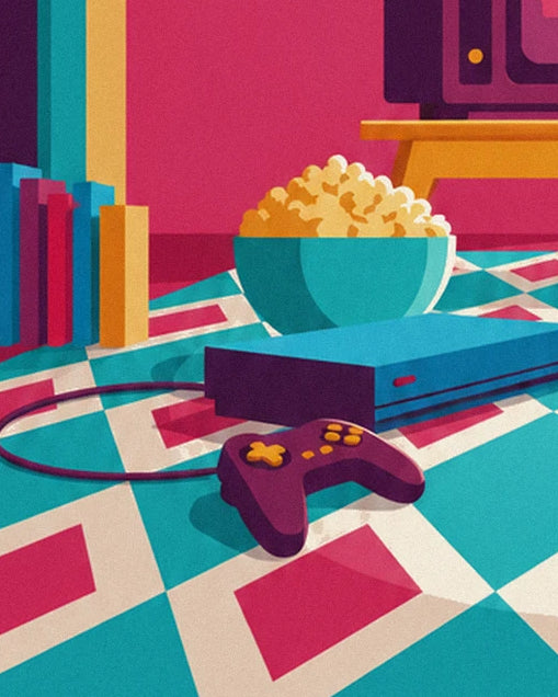 Die blaue Spielkonsole und ihr violetter Controller vor einer Schüssel Popcorn und ein paar Büchern