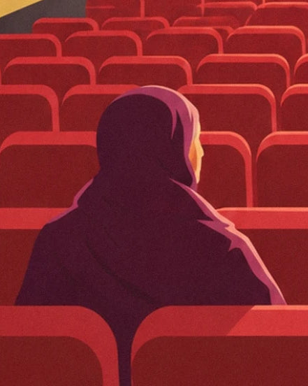 Une silhouette de dos parmi les rangées de fauteuils rouges du cinéma