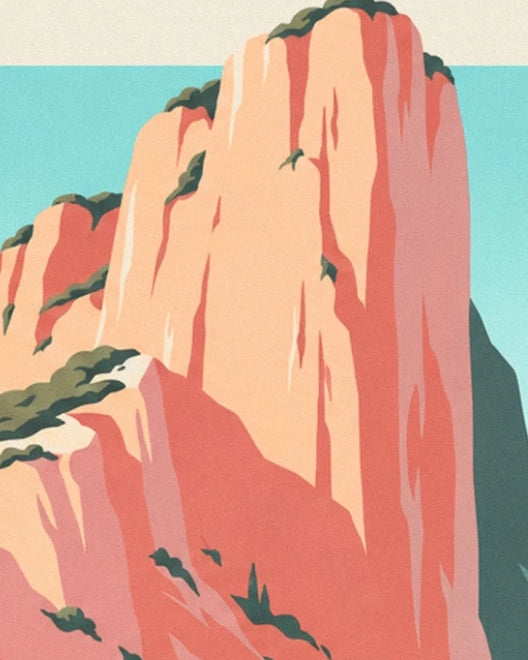 The tall orange cliffs dotted with dark vegetation, with the turquoise sea beyond