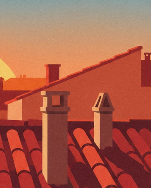 Chimneys with square and pointed tops among the red roof tiles