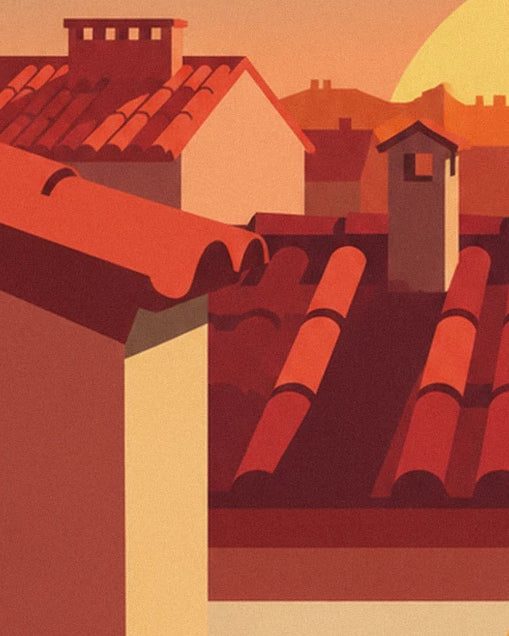 Red-tiled roofs and their pale chimney beneath the orange sky