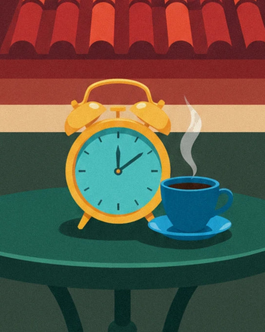 The yellow alarm clock and the cup of steaming blue coffee on the green table