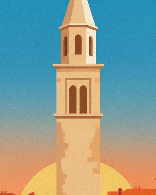 The ochre bell tower with its tall, narrow openings in front of the sun on the horizon