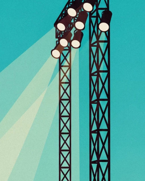 Spotlights on black frames and their pale beams against a turquoise background
