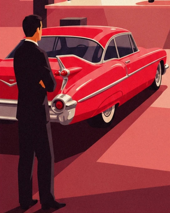 A man in a black suit in front of a red car with chrome tail fins