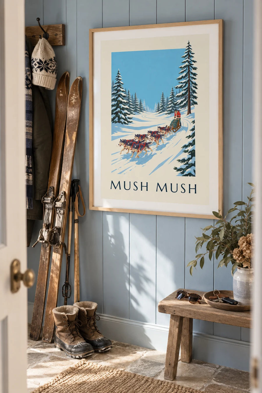 Poster of sled dogs in a snowy forest: framed on the wall