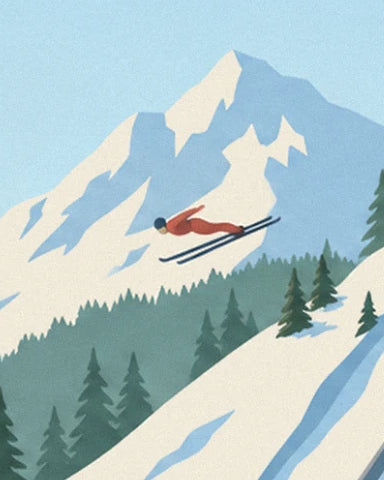 Un sauteur en tenue rouge dans les airs devant les sommets enneigés du Praz