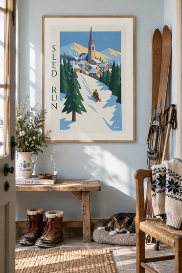 Poster of a sled on a snowy trail between fir trees: framed on the wall