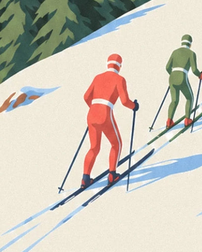 The instructor in red and a pupil in green, with skis and poles on the snow