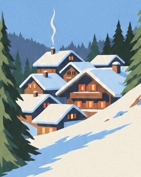 Chalets with orange windows and snowy roofs, nestled among the fir trees