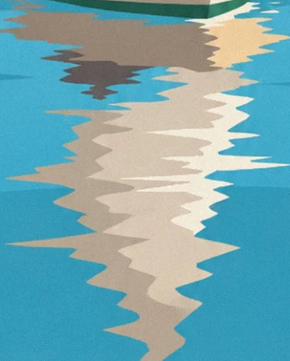 The cream reflection of the sail and the sailor’s dark silhouette on the turquoise water