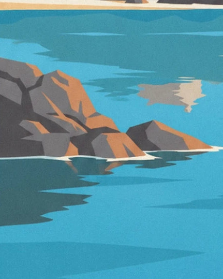 Grey rocks with ochre faces and their reflections in the turquoise water of the gulf
