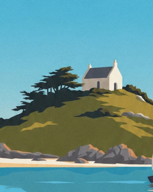 A white chapel with a dark roof on a rocky islet lined with pines