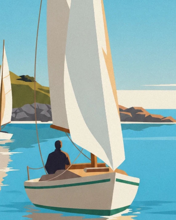 A sailing boat with a cream hull and green trim, its large sails and sailor