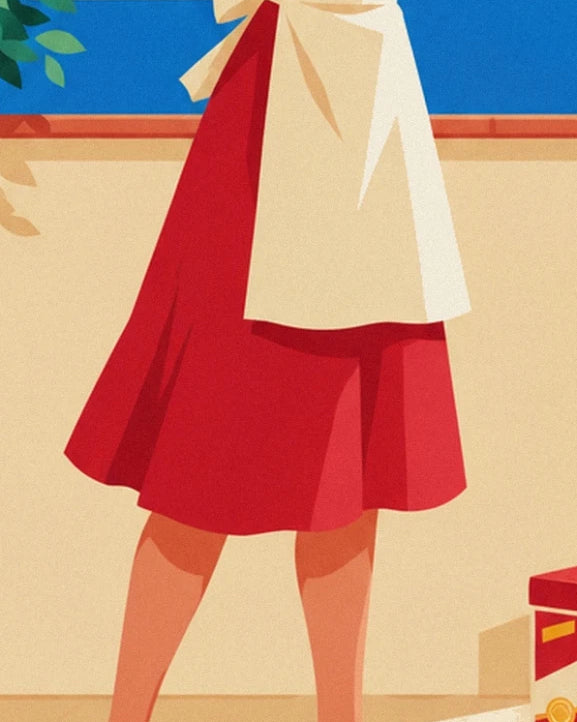 La jupe rouge évasée et les pans de la chemise blanche, devant un mur beige