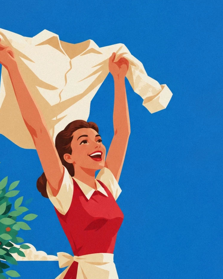 La femme en robe rouge brandit sa chemise blanche, grand sourire sur fond bleu