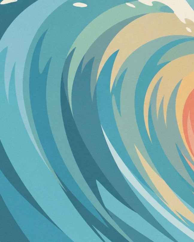 La courbe de la vague aux bandes turquoise, bleu profond, crème et corail