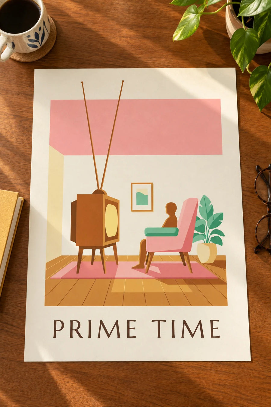 Affiche téléviseur à tube en bois dans un salon pastel : posée sur une table