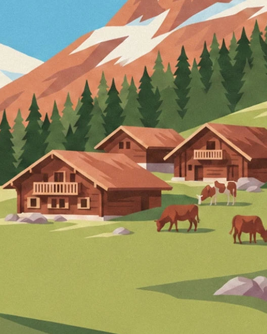 The wooden chalets and grazing cows at the foot of the snowy Alpes
