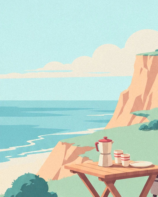 The coffee pot and 2 cups on the wooden table, facing the sea and cliffs