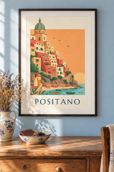 Poster Häuser in Kaskaden und Kuppel der Kirche von Positano: gerahmt an der Wand