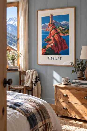 Poster wilde Küste Korsikas, rote Klippen und Monte Cinto: gerahmt an der Wand