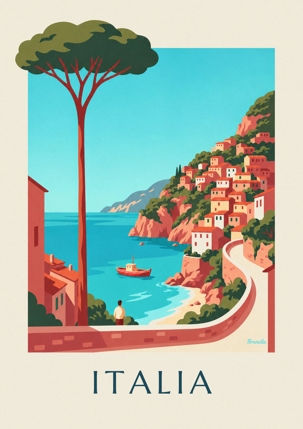 Affiche côte italienne, villages pastel sur les falaises