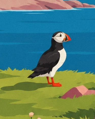 A puffin with an orange beak and red feet on the grass facing the blue sea
