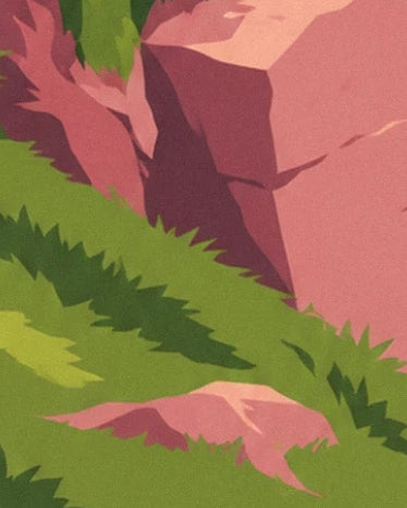 The pink cliff rocks among green grasses and their dark shadows