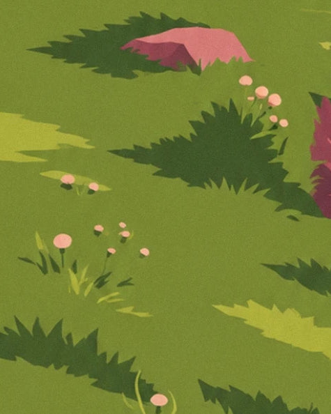 Pink flowers among tufts of green grass and pinkish rocks