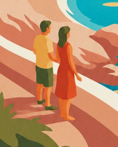 A couple facing the sea, in a red dress and green shorts, on the pink rocks