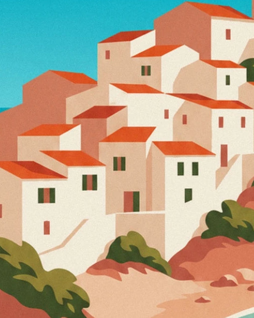 The village’s white houses, their red roofs and their green shutters