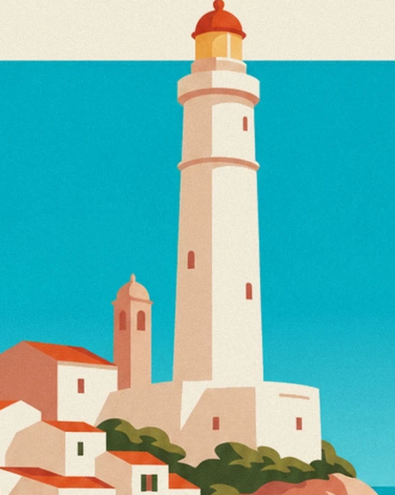 The white lighthouse with an orange lantern above the houses with red roofs