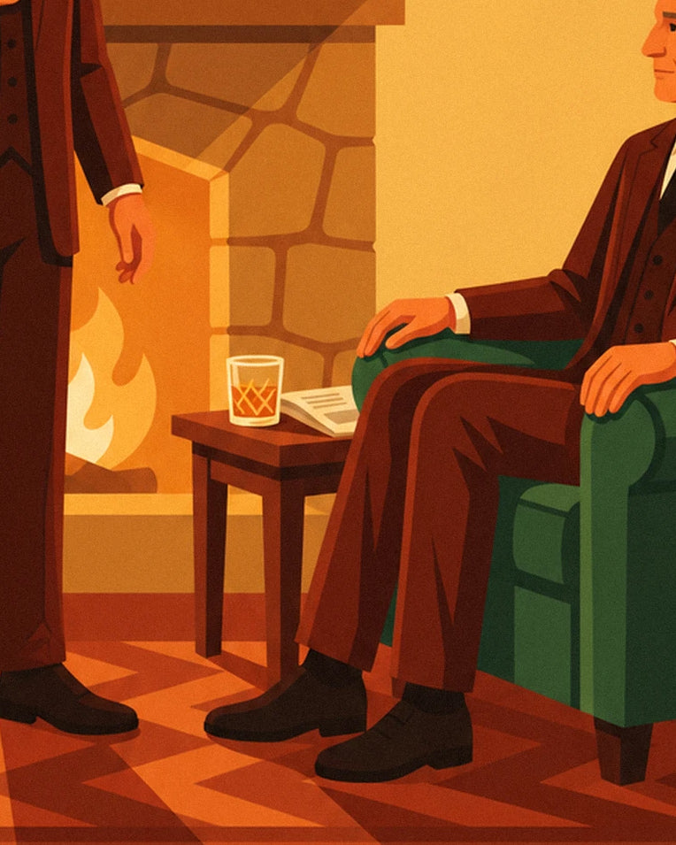 Poster Whisky, Mann im Anzug am Kamin: Detail in Nahaufnahme