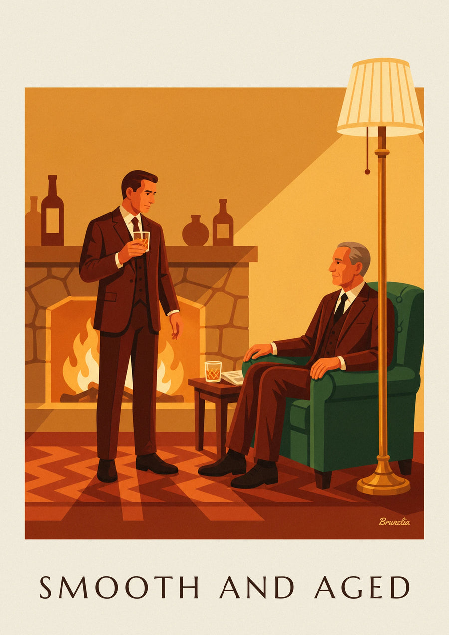 Poster Whisky, Mann im Anzug am Kamin
