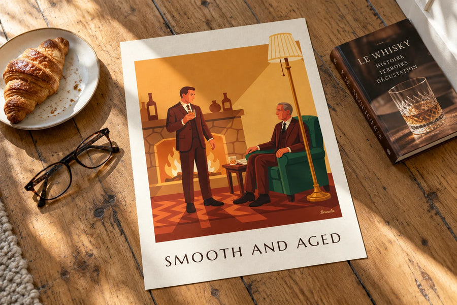 Whisky-Poster, Mann im Anzug am Kamin: auf einem Tisch