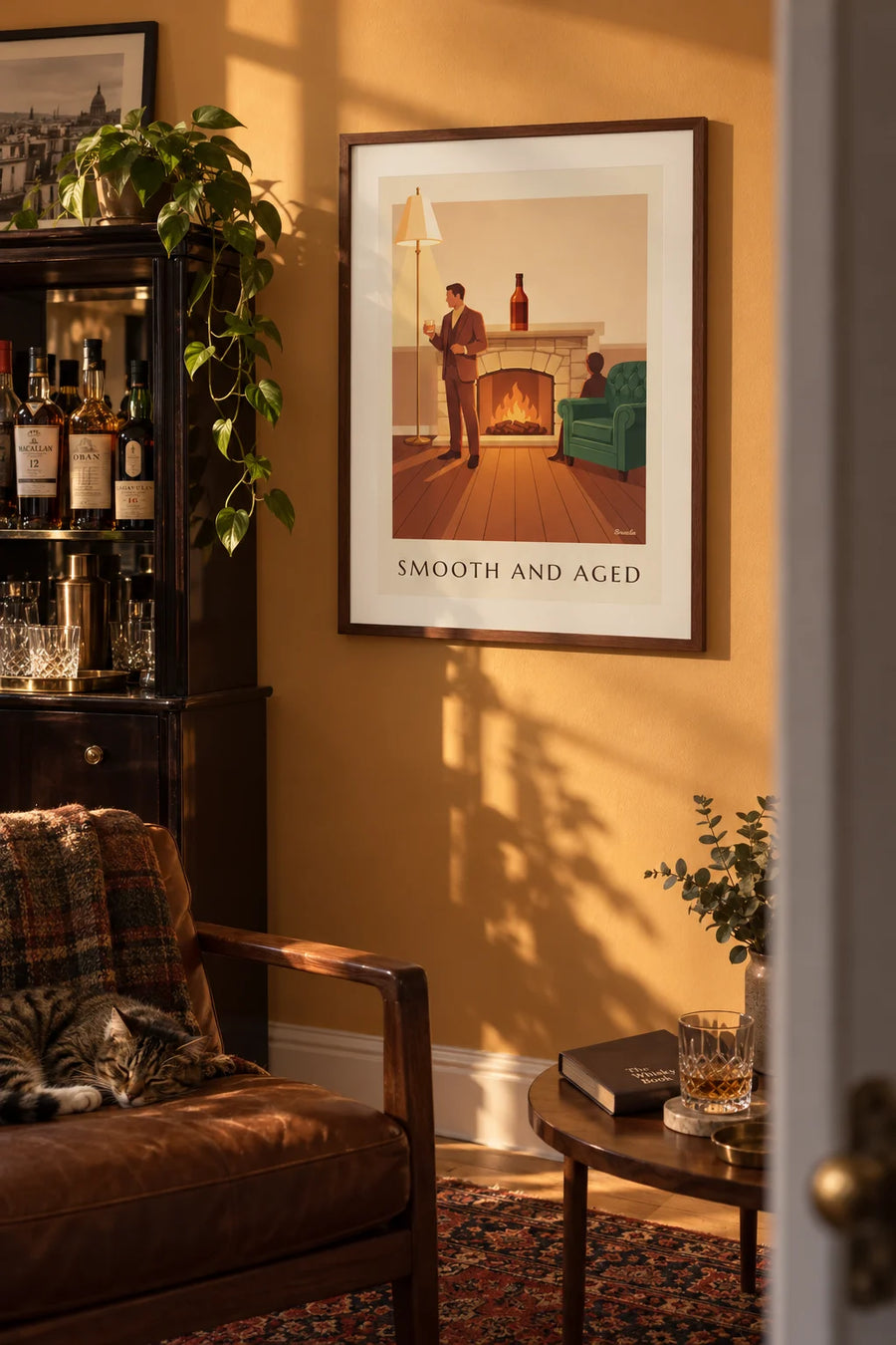 Whisky poster, a man in a suit by the fireplace: framed on the wall