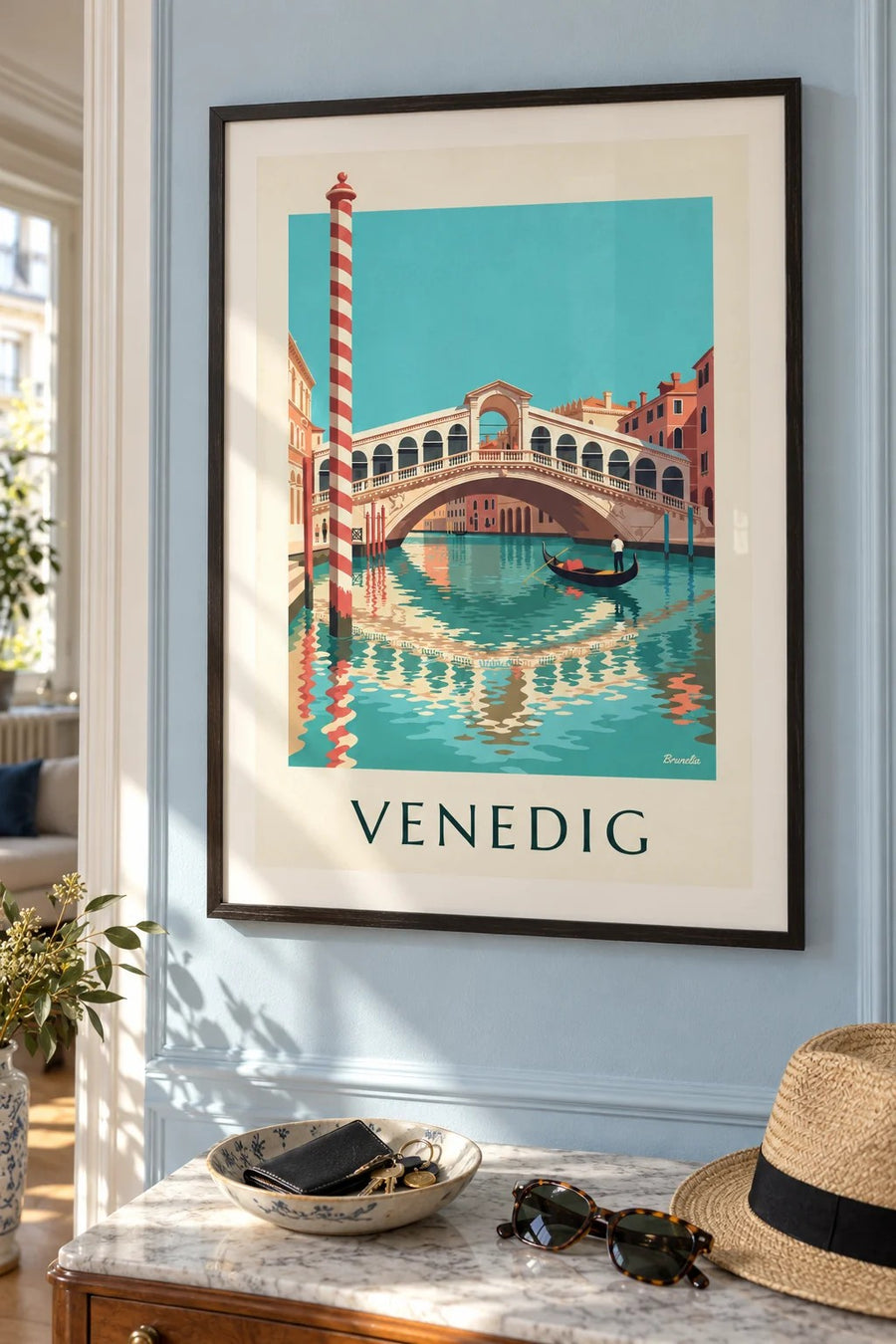 Poster Rialtobrücke und Gondel auf dem Canal Grande in Venedig: gerahmt an der Wand